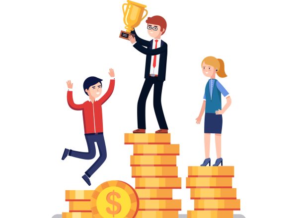 Business people competitors standing on a winner podium celebrating success and holding golden cup award. Modern colorful flat style vector illustration isolated on white background.